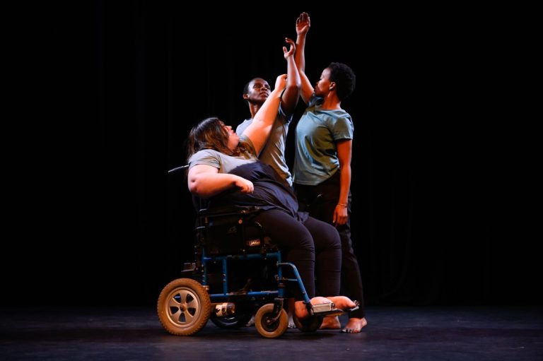FLATFOOT's Jabu Siphika and Zinhle Nzama with wheelchair dancer Julia Pitt in Lliane Loots's perpetual motions (2022) PHOTO Val Adamson
