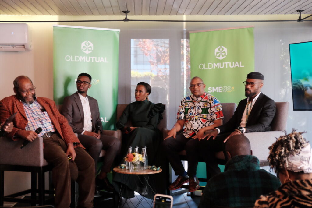 Panellists at the Old Mutual SMEGo Pitchathon launch (from left to right): Pali Lehohla - former statistician general , Thabang Mkhuma - Technical Advisor 4IR, MICT, Nobesuthu Ndlovu - Director SME, Old Mutual Corporate, Lincoln Mali - CEO Lesaka Technology, Talifhani Banks - CEO Analytics X and Spaza Eats