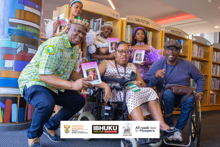 Gugu Mjilo and Musa E. Zulu (both on wheelchairs) flanked by guests during the book launch tour