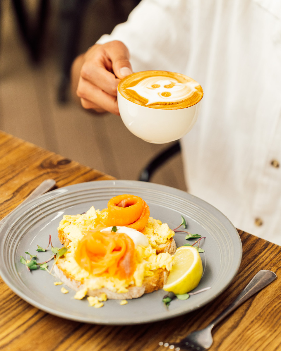 Breakfast: "A latte with foam art over a plate of scrambled eggs and smoked salmon." Workshop17 coming soon